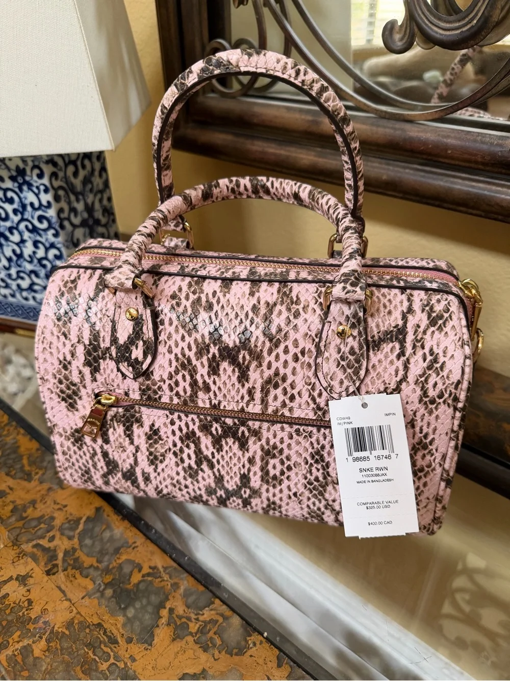 Coach Pink Snake-Print Rowan Medium Satchel with Gold Hardware